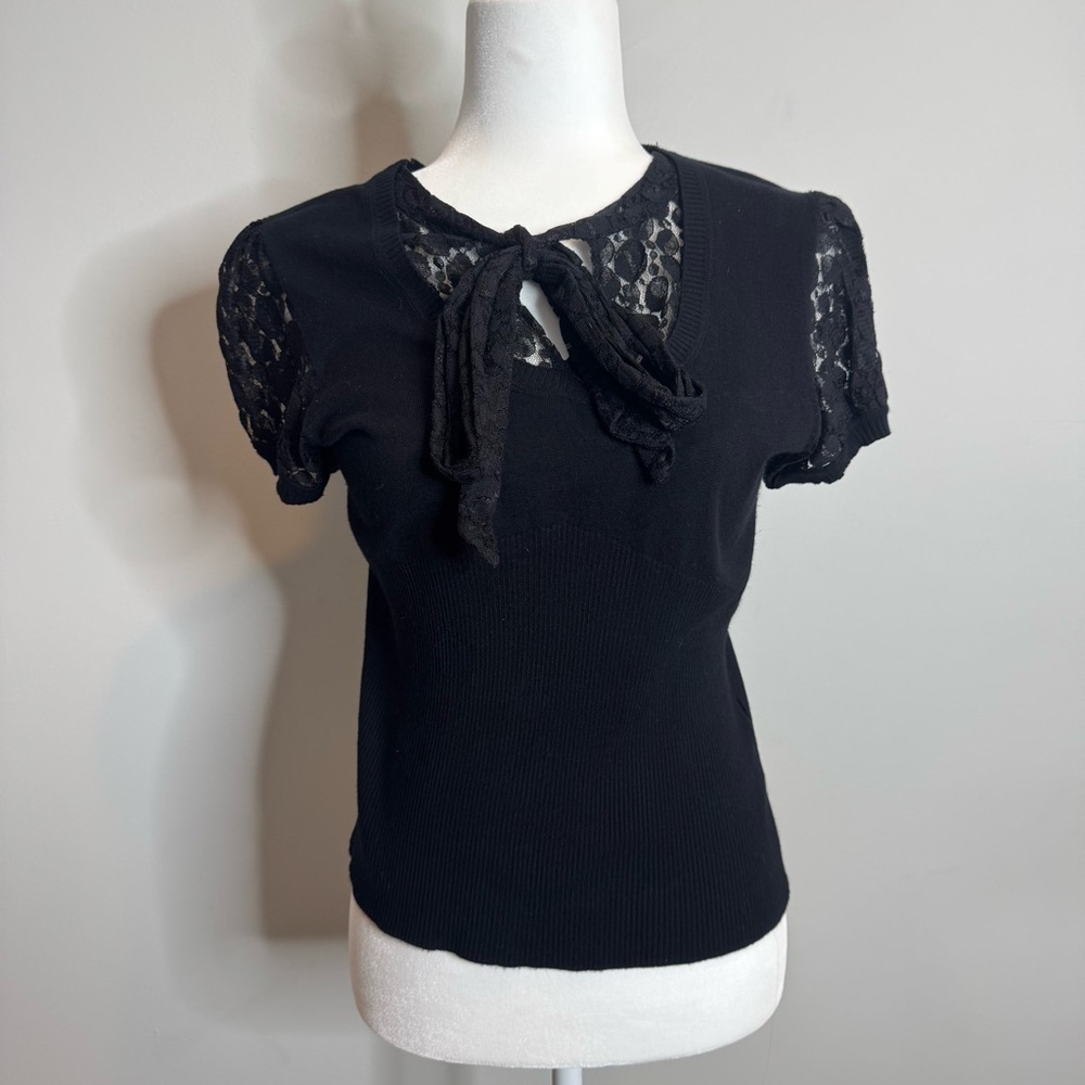 VTG John Paul Richard Black Lace Tie Neck Knit Top Y2K Goth Dark Academia Large